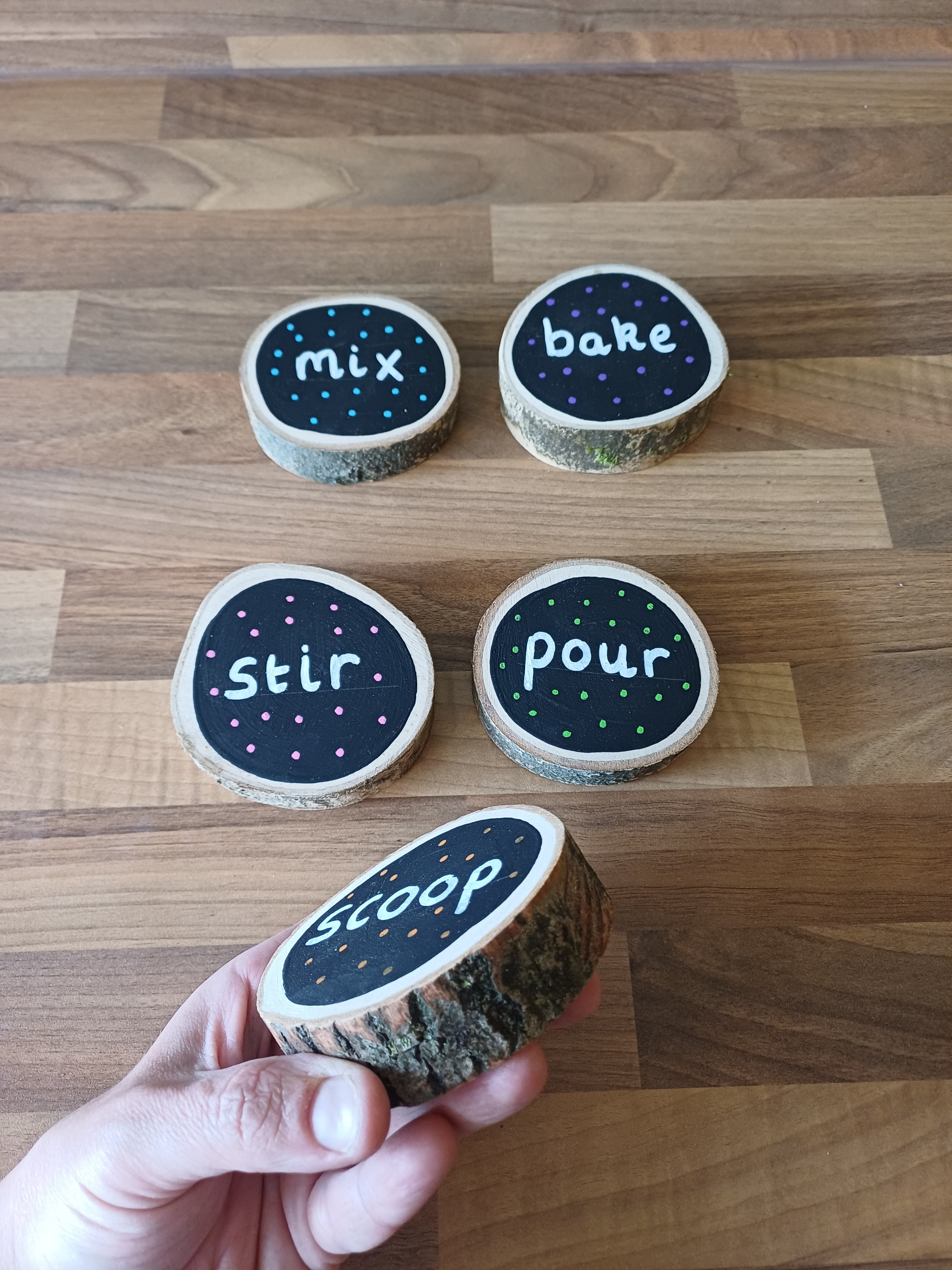 Mud Kitchen Action Words — Set of 5 Log Slices